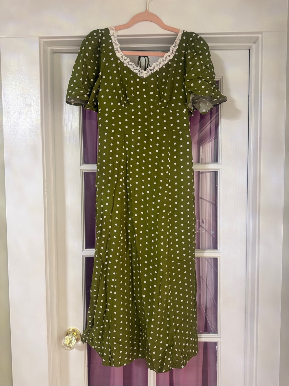 Olive Green Polka Dot Midi Dress with Lace Trim